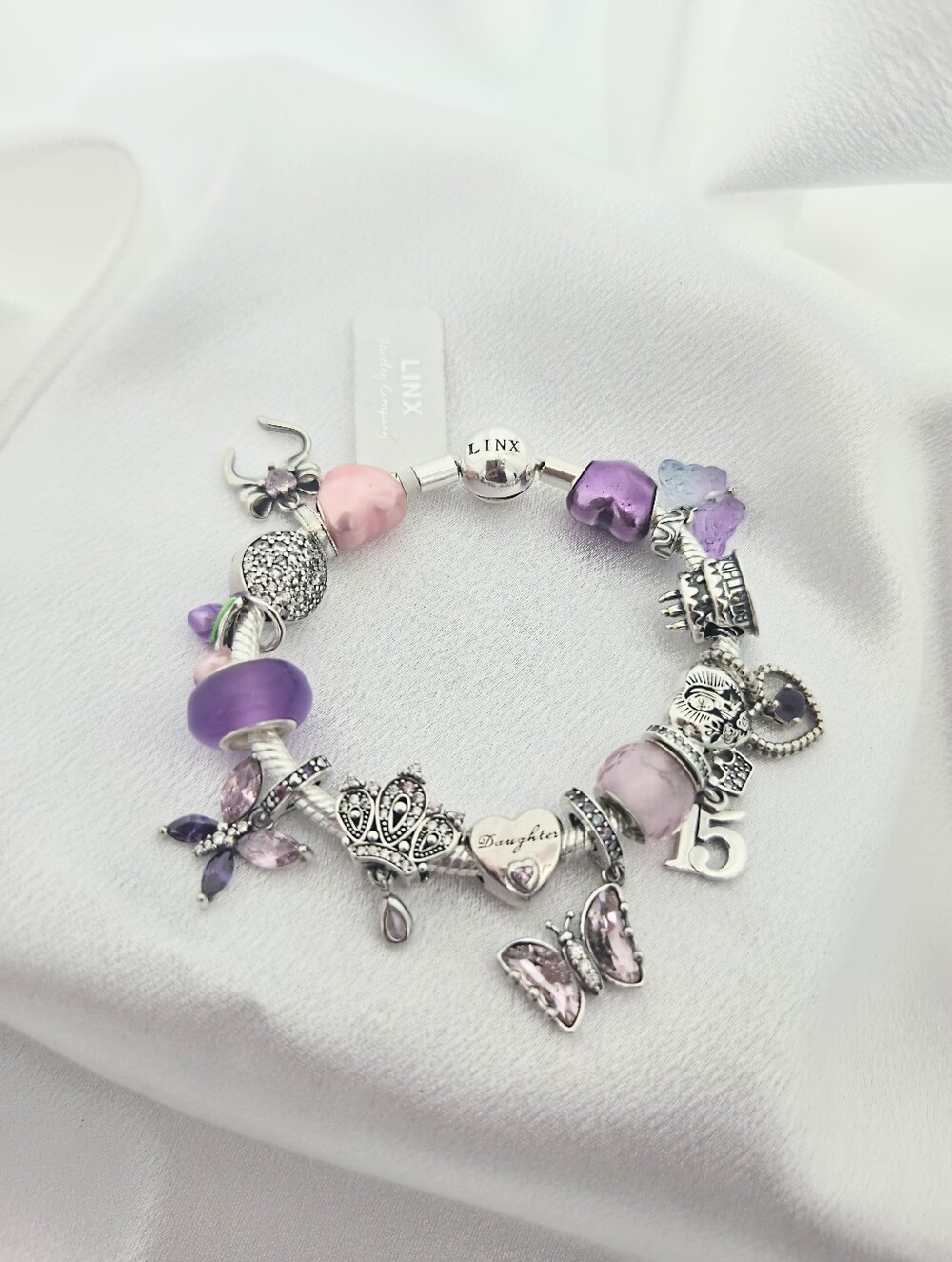Linx Snake Chain Bracelet with Pink And Purple Quinceanera Charms